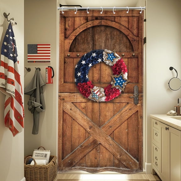 4th of July Small Stall Barn Door Shower Curtain for Bathroom Decor 36Wx72H Independence Day Wood Patriotic Wreath American Flag Art Printed Fabric Polyester Waterproof 7 Pack Plastic Hooks