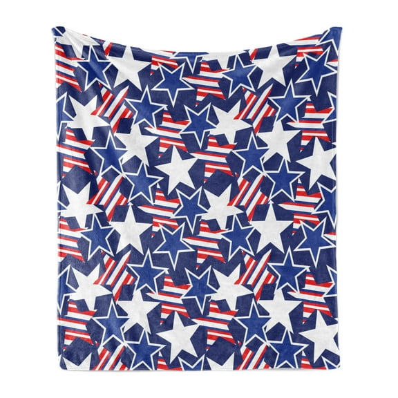4th of July Soft Flannel Fleece Blanket, Stars and Stripes of Liberty and Freedom American Theme Pattern, Cozy Plush for Indoor and Outdoor Use, 60" x 80", Royal Blue White and Red, by Ambesonne