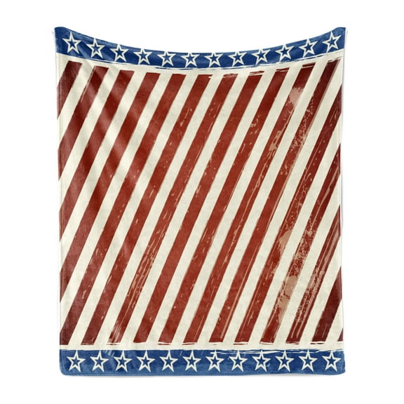4th of July Soft Flannel Fleece Throw Blanket, Abstract Diagonal Stripes with Stars Old Glory Themed Illustration, Cozy Plush for Indoor and Outdoor Use, 60" x 80", Beige Navy Blue Ruby, by Ambesonne
