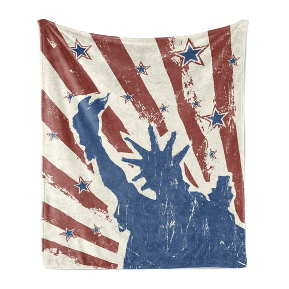 4th of July Soft Flannel Fleece Throw Blanket, Sketch Style Liberty Grunge Stripes and Stars Pattern Print, Cozy Plush for Indoor and Outdoor Use, 50" x 70", Beige Navy Blue Ruby, by Ambesonne