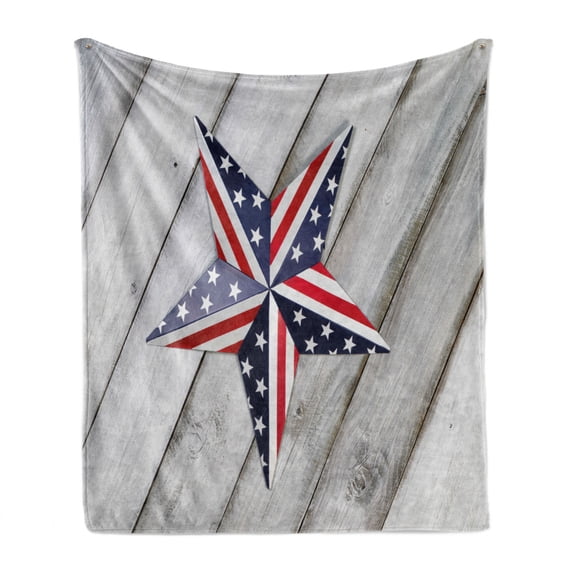 4th of July Soft Flannel Fleece Throw Blanket, Star with US Flag Pattern over Wooden Planks National Holiday Image, Cozy Plush for Indoor and Outdoor Use, 70" x 90", Multicolor, by Ambesonne
