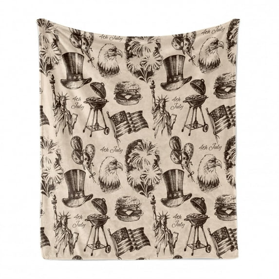 4th of July Soft Flannel Fleece Throw Blanket, Vintage Americana Elements National Loyalty Culture Design, Cozy Plush for Indoor and Outdoor Use, 50" x 60", Beige and Army Green, by Ambesonne