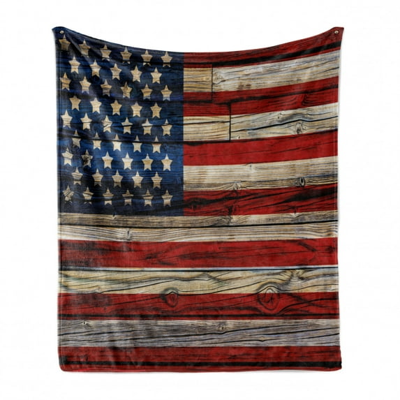 4th of July Soft Flannel Fleece Throw Blanket, Wooden Planks Painted as United States Flag Patriotic Country Style, Cozy Plush for Indoor and Outdoor Use, 50" x 60", Red Beige Navy Blue, by Ambesonne