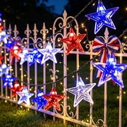 4th of July Solar Lights Outdoor, 255" LED Red White Blue Star String Lights for Independence Day Decor, Waterproof Patriotic Fairy Lights with Timer, Multiple Modes for Yard Garden Patio Tree