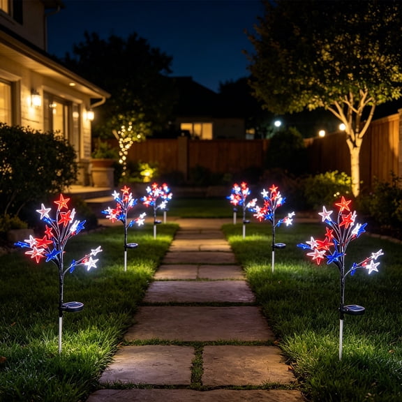 4th of July Solar Star Stake Lights (20 LED) - Waterproof Patriotic Outdoor Garden Lights, Ground Plug Pathway & Porch Decoration for Independence Day