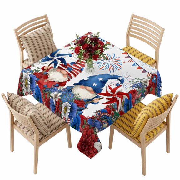 4th of July Square Tablecloth 54 x 54 Inches Gnome American Flag Patriotic Flower Waterproof & Stain Resistance Table Cloth Decorative Fabric Table Cover for Dinning/Party/Buffet/Banquet