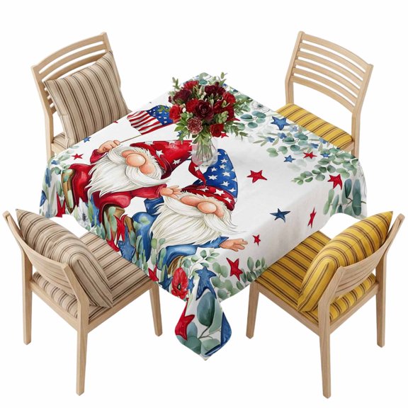 4th of July Square Tablecloth 54 x 54 Inches Gnome with American Flag Waterproof & Stain Resistance Table Cloth Decorative Fabric Table Cover for Dinning/Party/Buffet/Banquet