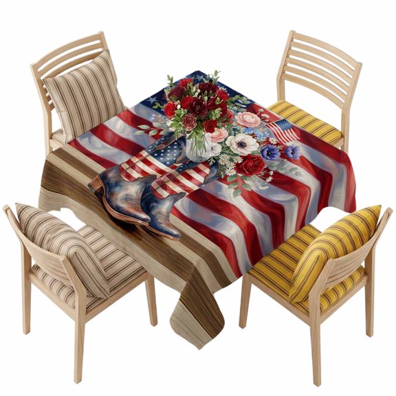 4th of July Square Tablecloth 54 x 54 Inches Patriotic Boots Flowers Stars and Stripes Waterproof & Stain Resistance Table Cloth Decorative Fabric Table Cover for Dinning/Party/Buffet/Banquet