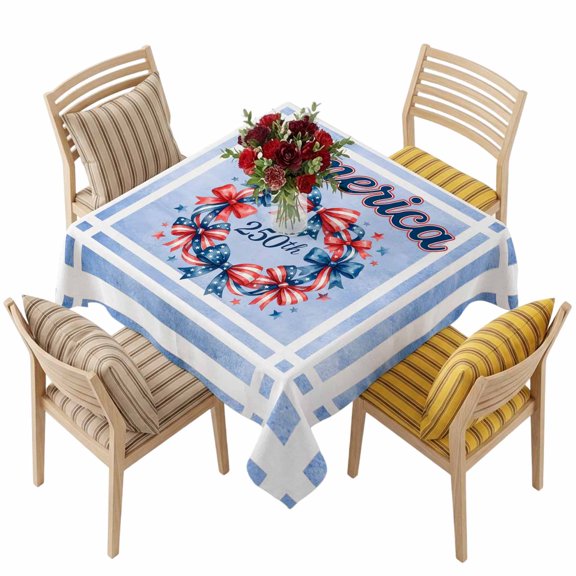 4th of July Square Tablecloth 54 x 54 Inches Patriotic Bow Wreath Stars and Stripes Blue Waterproof & Stain Resistance Table Cloth Decorative Fabric Table Cover for Dinning/Party/Buffet/Banquet