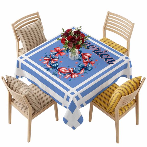 4th of July Square Tablecloth 54 x 54 Inches Patriotic Bow Wreath Stars and Stripes Purple Waterproof & Stain Resistance Table Cloth Decorative Fabric Table Cover for Dinning/Party/Buffet/Banquet
