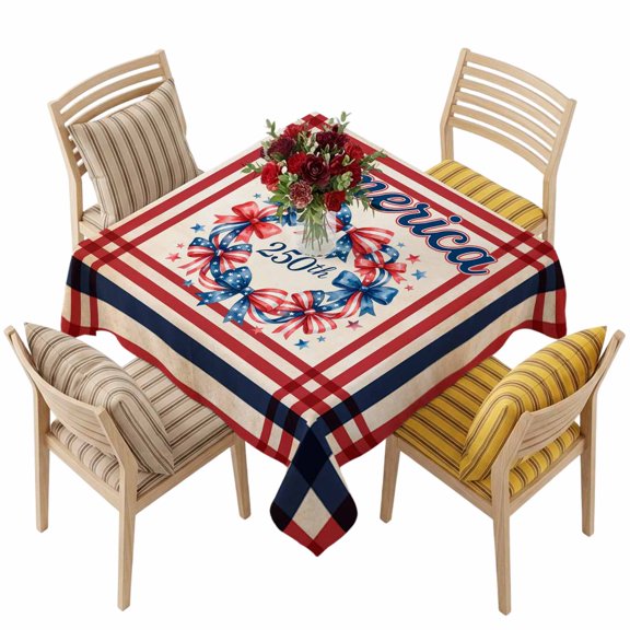 4th of July Square Tablecloth 54 x 54 Inches Patriotic Bow Wreath Stars and Stripes Red Waterproof & Stain Resistance Table Cloth Decorative Fabric Table Cover for Dinning/Party/Buffet/Banquet