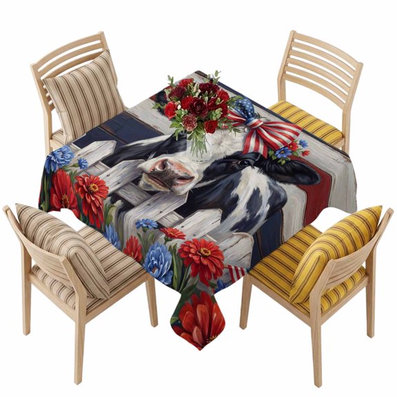 4th of July Square Tablecloth 54 x 54 Inches Patriotic Cow Cattle Flowers Stars and Stripes Waterproof & Stain Resistance Table Cloth Decorative Fabric Table Cover for Dinning/Party/Buffet/Banquet