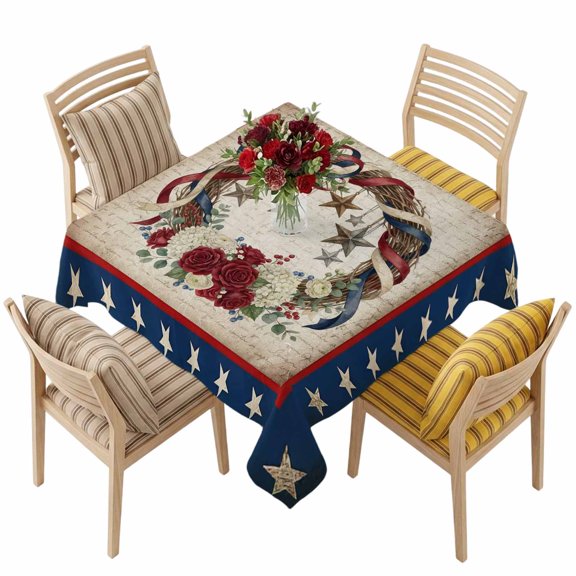 4th of July Square Tablecloth 54 x 54 Inches Patriotic Start Flower Wreath Vintage Waterproof & Stain Resistance Table Cloth Decorative Fabric Table Cover for Dinning/Party/Buffet/Banquet