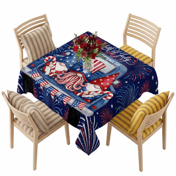 4th of July Square Tablecloth 54 x 54 Inches USA Flag Patriotic Gnomes Balloon Firework Waterproof & Stain Resistance Table Cloth Decorative Fabric Table Cover for Dinning/Party/Buffet/Banquet
