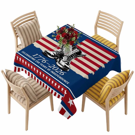 4th of July Square Tablecloth 60 x 60 Inches Patriotic Boots Stars and Stripes 250 Years Waterproof & Stain Resistance Table Cloth Decorative Fabric Table Cover for Dinning/Party/Buffet/Banquet
