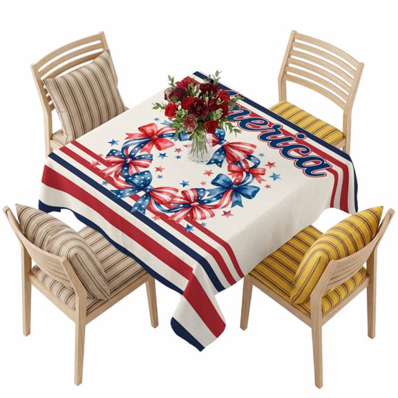 4th of July Square Tablecloth 60 x 60 Inches Patriotic Bow Wreath Stars and Stripes US Waterproof & Stain Resistance Table Cloth Decorative Fabric Table Cover for Dinning/Party/Buffet/Banquet