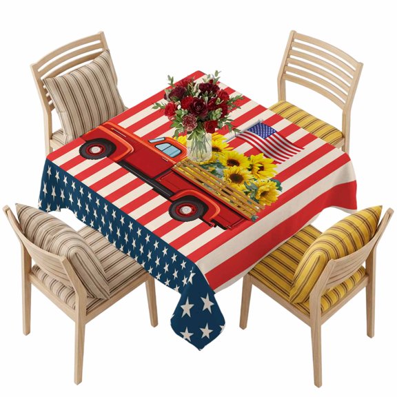 4th of July Square Tablecloth 60 x 60 Inches Patriotic Truck with Sunflower USA Flag Red Waterproof & Stain Resistance Table Cloth Decorative Fabric Table Cover for Dinning/Party/Buffet/Banquet