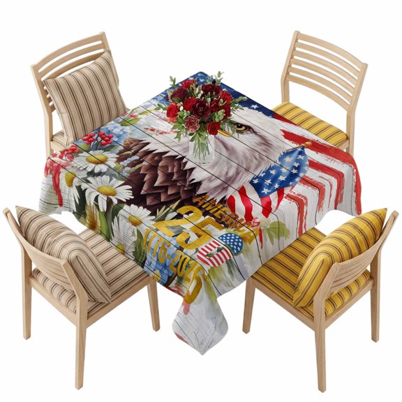 4th of July Square Tablecloth 60 x 60 Inches Stars and Stripes Patriotic Eagle Wooden Waterproof & Stain Resistance Table Cloth Decorative Fabric Table Cover for Dinning/Party/Buffet/Banquet