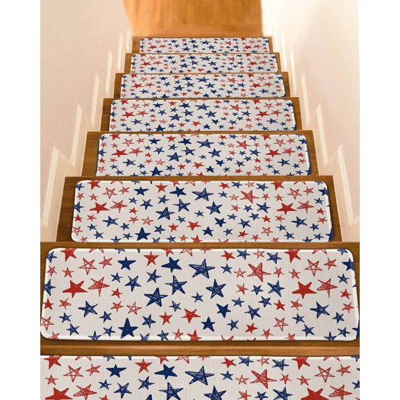 4th of July Stair Treads for Wooden Steps Indoor Runner Rug Carpet, Blue Red Star Independence Day Rustic Burlap 7 Pieces Peel and Stick Staircase Step Treads Covers Washable Throw Door Mats, 30"x8"
