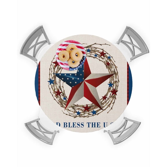 4th of July Star Berry Wreath on Linen Fitted Round Tablecloths Elastic Edged Table Covers 45"-54",Freedom Red and White Stripe Waterproof Dining Room Table Cloth for Kitchen Holiday Party Tables