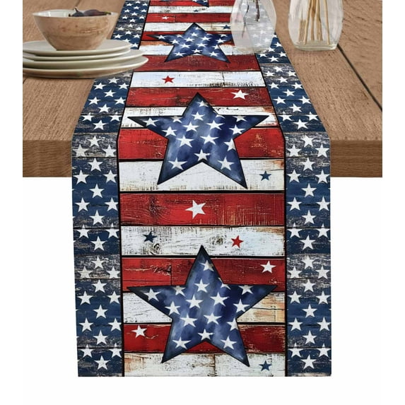 4th of July Star Burlap Cotton Table Runner 16x72 Inches Long, Independence Day American Flag Vintage Farmhouse Table Runners, Outdoor Dining Tablecloths Decor for Baby Shower/Party/Wedding