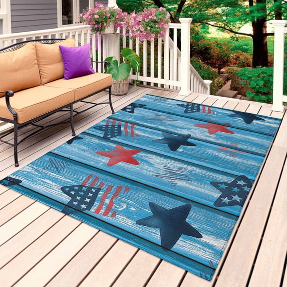 4th of July Star Cute Outdoor Rug 3x5 Ft, Non Slip Washable Area Rug, Blue Wooden Striped Farmhouse Patio Rugs Carpet Runner, Large Floor Mat for Indoor/Outdoor Deck Porch Camping