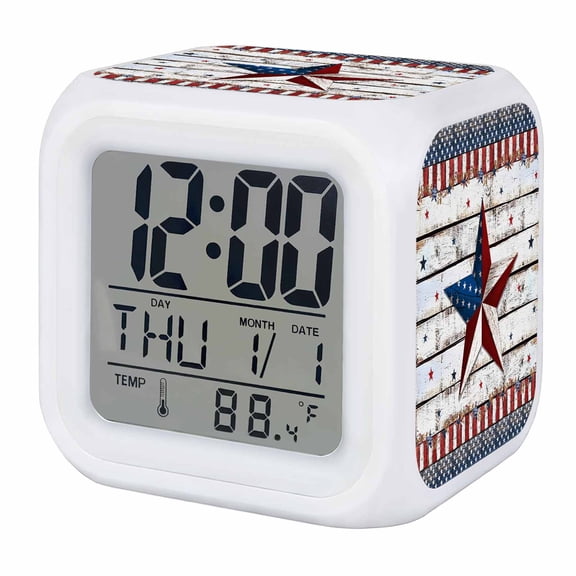 4th of July Star Digital Alarm Clock for Bedrooms, Smart LED Alarm Clock with 7 Color Changing Night Light, Independence Day American Flag Silent Wake Up Clocks for Sleep Study Cooking 3.2"x3.2"