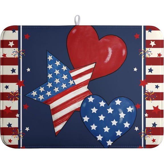4th of July Star Dish Drying Mats Patriotic Hearts Dish Mat Blue Red Firework Drying Matt Dishes Dryer Pad for Kitchen Counter Absorbent Microfiber Washable Foldable Reusable 18x24 in