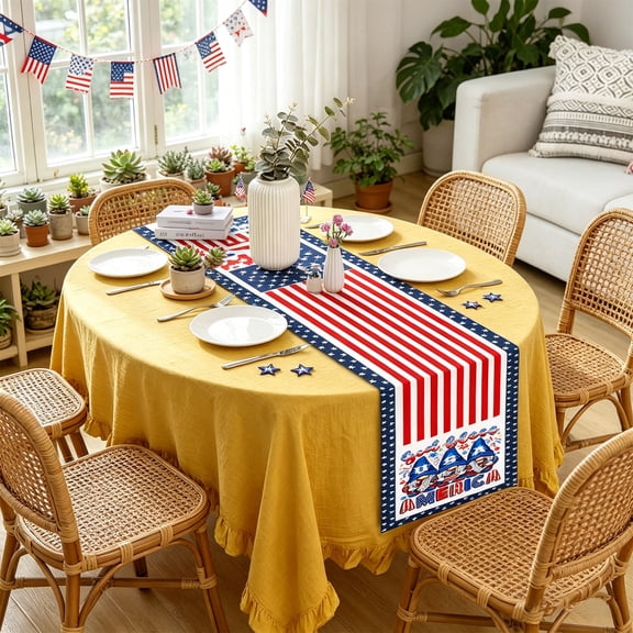 4th of July Star Flag Striped Table Runner - Independence Day Patriotic Decorative Desk Runner Coffee Table Cloth for Living Room Dining Bar Holiday Tabletop Scene Decoration