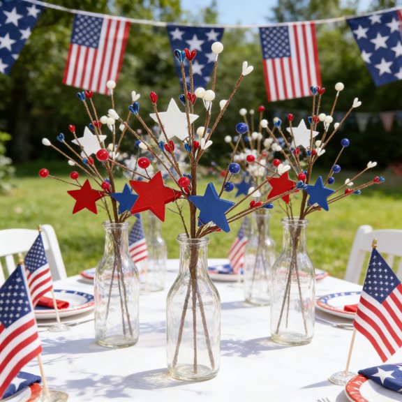 4th of July Star Floral Sprig, Red White Blue, Realistic Fabric Patriotic Flower Branch, Bendable, for Holiday Vase Arrangement, Home Tabletop Wreath Accent Decor