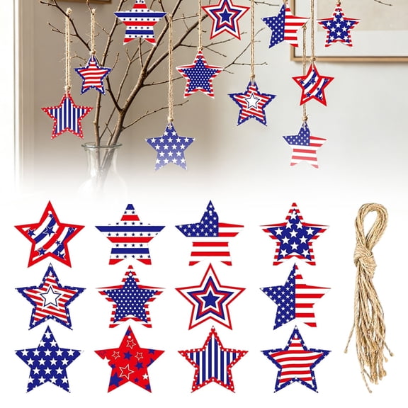 4th of July Star Ornaments, 12 Pc Red White Blue American Flag Wooden Star Cutouts with Hanging String, Independence Day Tree Decorations for Memorial Day, Porch, Wall, Window, Door Decor