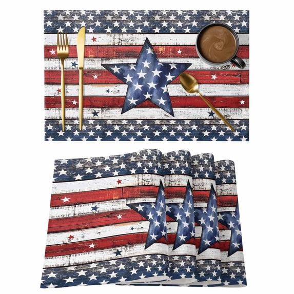4th of July Star Placemats Set of 8 Independence Day American Flag Vintage Place Mats Indoor Wipeable Table Mats Washable Cloth Dining Table Placemats for Kitchen Holiday Party Home Decor 13x19 Inch