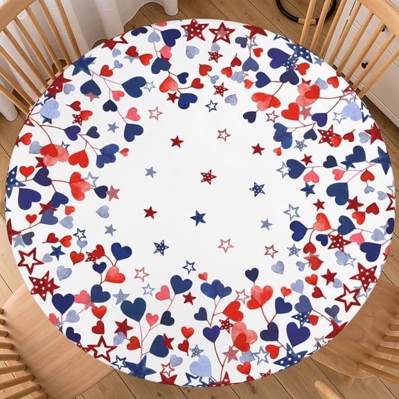 4th of July Star Round Fitted Tablecloth with Elastic Edge Patriotic Red Blue Love Heart Table Cover for 40"-44" Independence Day Stretch Table Cloth for Dining Room Party Picnic