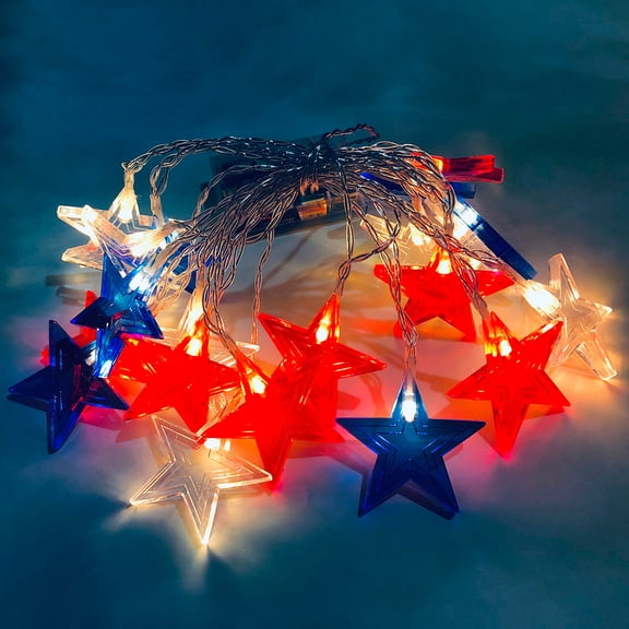4th of July Star String Lights - 10FT 20 LED Red White Blue Big Star Lights String with 6H Timing, Waterproof Patriotic Fairy Light Battery Operated for Independence Day Indoor Outdoor Holiday Decor