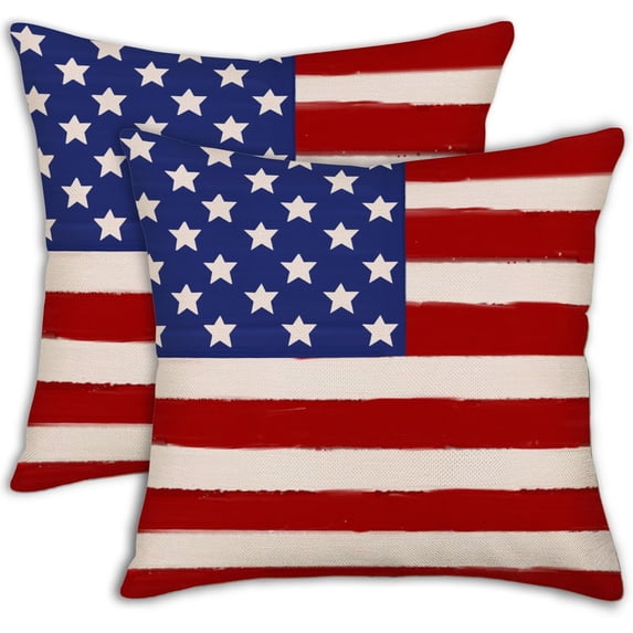4th of July Star Striped USA Flag Pillow Covers 20x20 Set of 2, Retro American Flag Decorations Throw Pillows Patriotic Memorial Day Outdoors Decorative Linen Cushion Case for Home Office