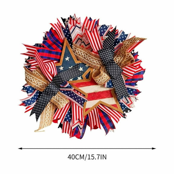 4th of July Star Wreaths for Front Door, Summer Patriotic 15.7 inch Independence Day Wreath, Memorial Day Festival Celebration Patriotic Flag Garland, Welcome Sign American Flag Door Hangers