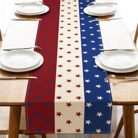 4th of July Stars Dining Table Runner, Blue White Red Stripes Patriotic America Burlap Kitchen Decoration, American USA Indoor Outdoor Home Decor Party Supply 13.8 x 71 Inches
