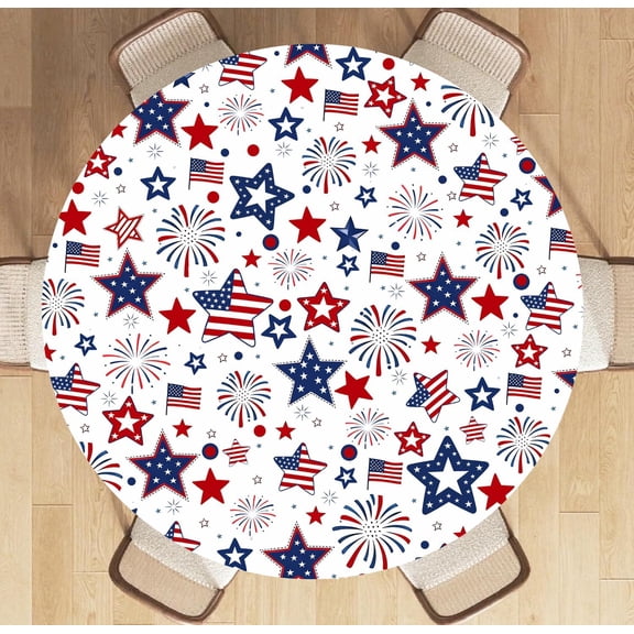 4th of July Stars Round Fitted Tablecloth with Elastic Edge 40"-44" Waterproof Table Cloth Independence Day Table Cover Patriotic Decoration Tablecloth for Dining Party Celebration