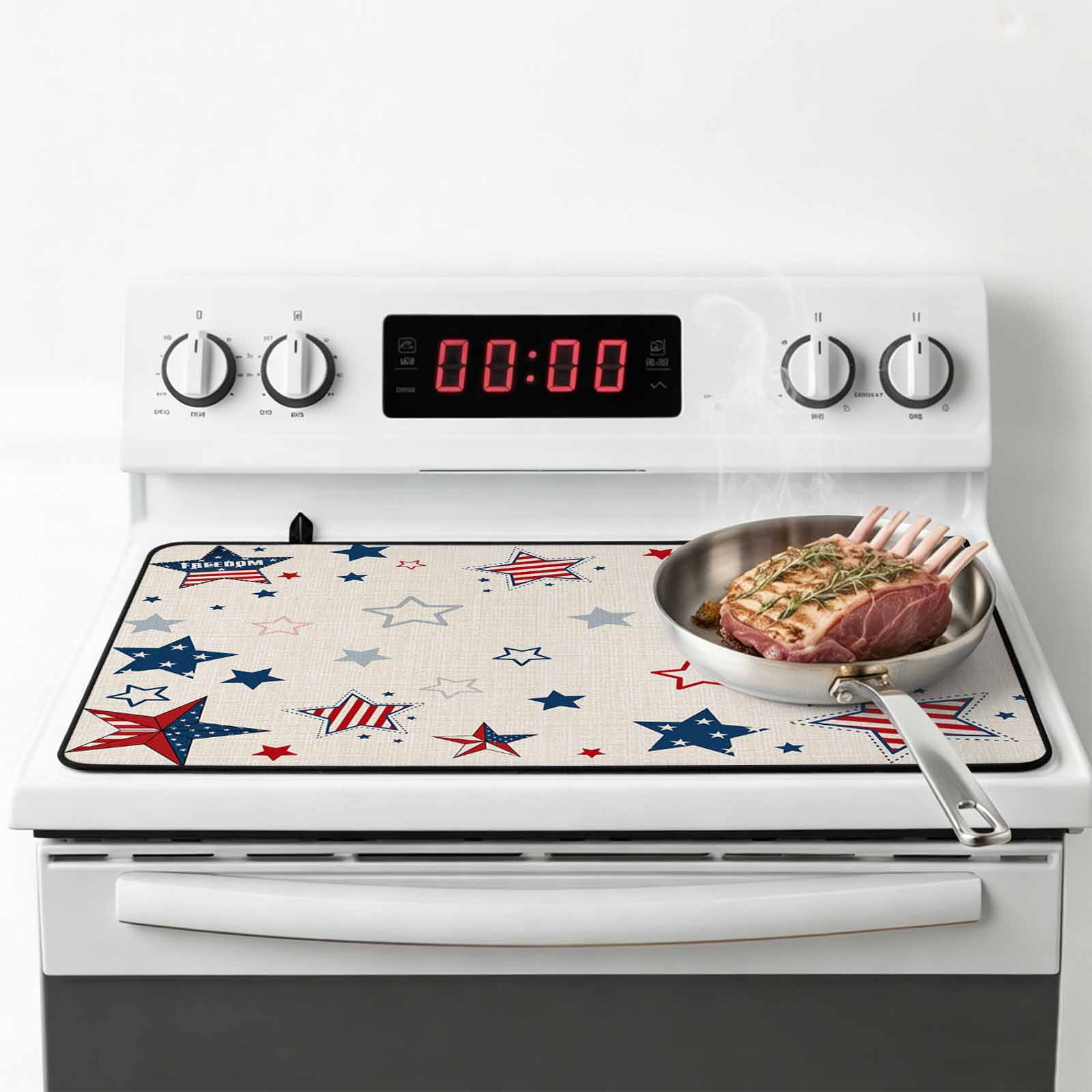 4th of July Stars Stove Top Cover for Electric Stove, Heat-proof & Non Slip Glass Top Stove Cover Protector, US Flag burlap Texture Kitchen Flat Cooktop Rubber Mat 24x21 Inches