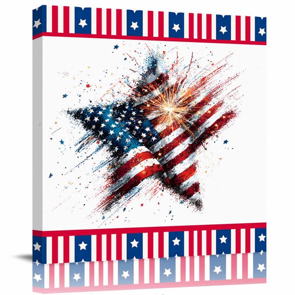 4th of July Stars Stripes Abstract Flag Canvas Artwork Painting Art, Patriotic Theme Square Framed Wall Decorations Prints Picture for Bedroom Kitchen Living Room, 8x8 in