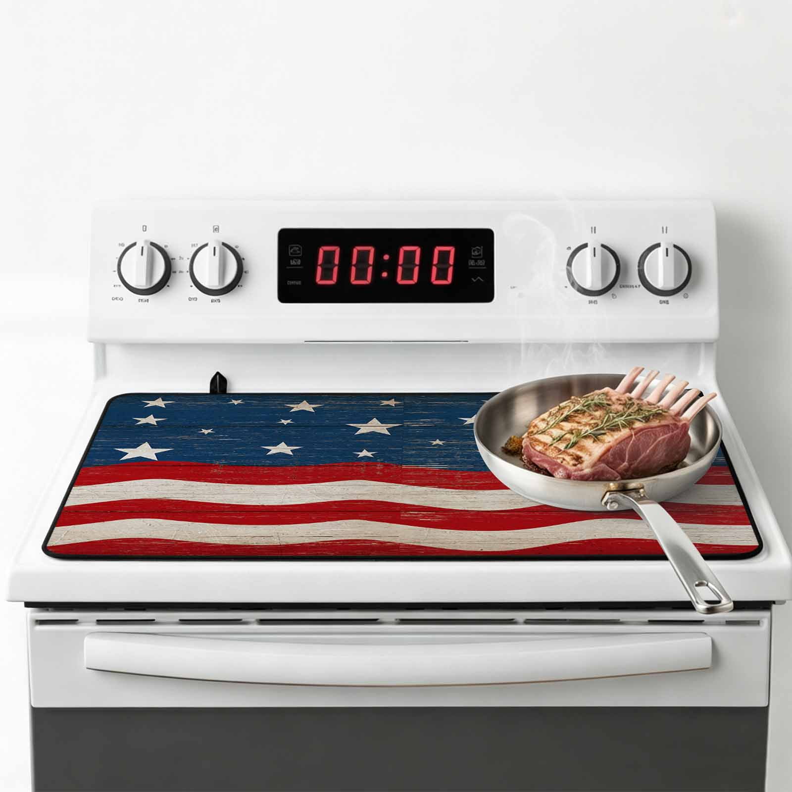 4th of July Stove Top Cover for Electric Stove, Heat-proof & Non Slip Glass Top Stove Cover Protector, American Flag Star on Wood Independence Day Kitchen Flat Cooktop Rubber Mat 24x21 Inches