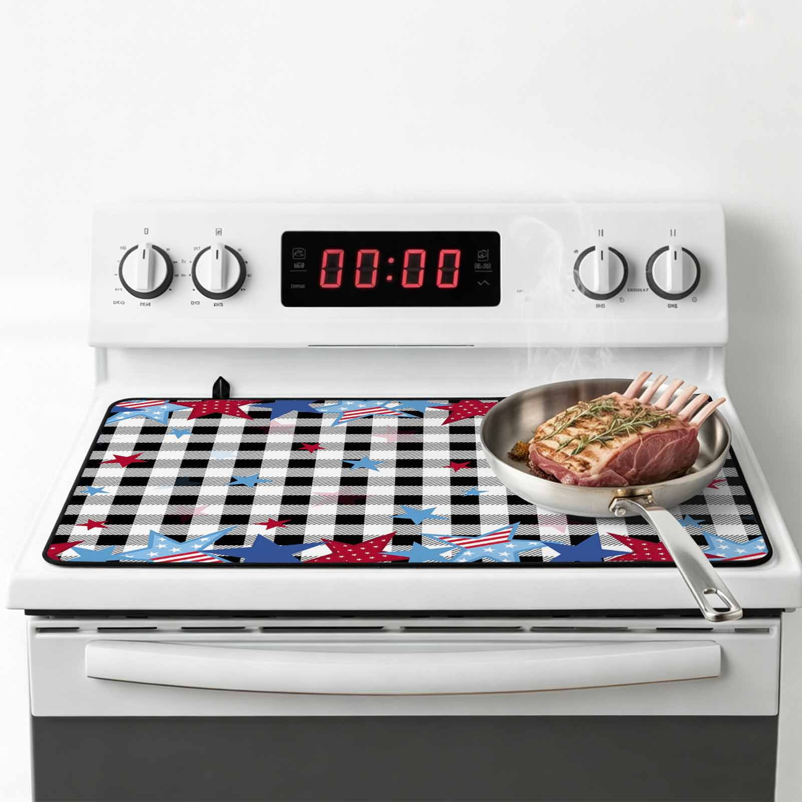 4th of July Stove Top Cover for Electric Stove, Heat-proof & Non Slip Glass Top Stove Cover Protector, Blue Red Star Independence Day Black Plaid Kitchen Flat Cooktop Rubber Mat 24x21 Inches