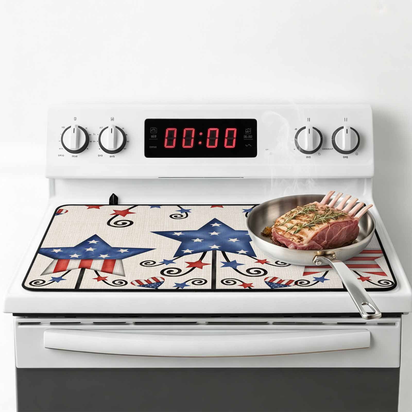 4th of July Stove Top Cover for Electric Stove, Heat-proof & Non Slip Glass Top Stove Cover Protector, Blue Red Star Rustic Independence Day Kitchen Flat Cooktop Rubber Mat 24x21 Inches