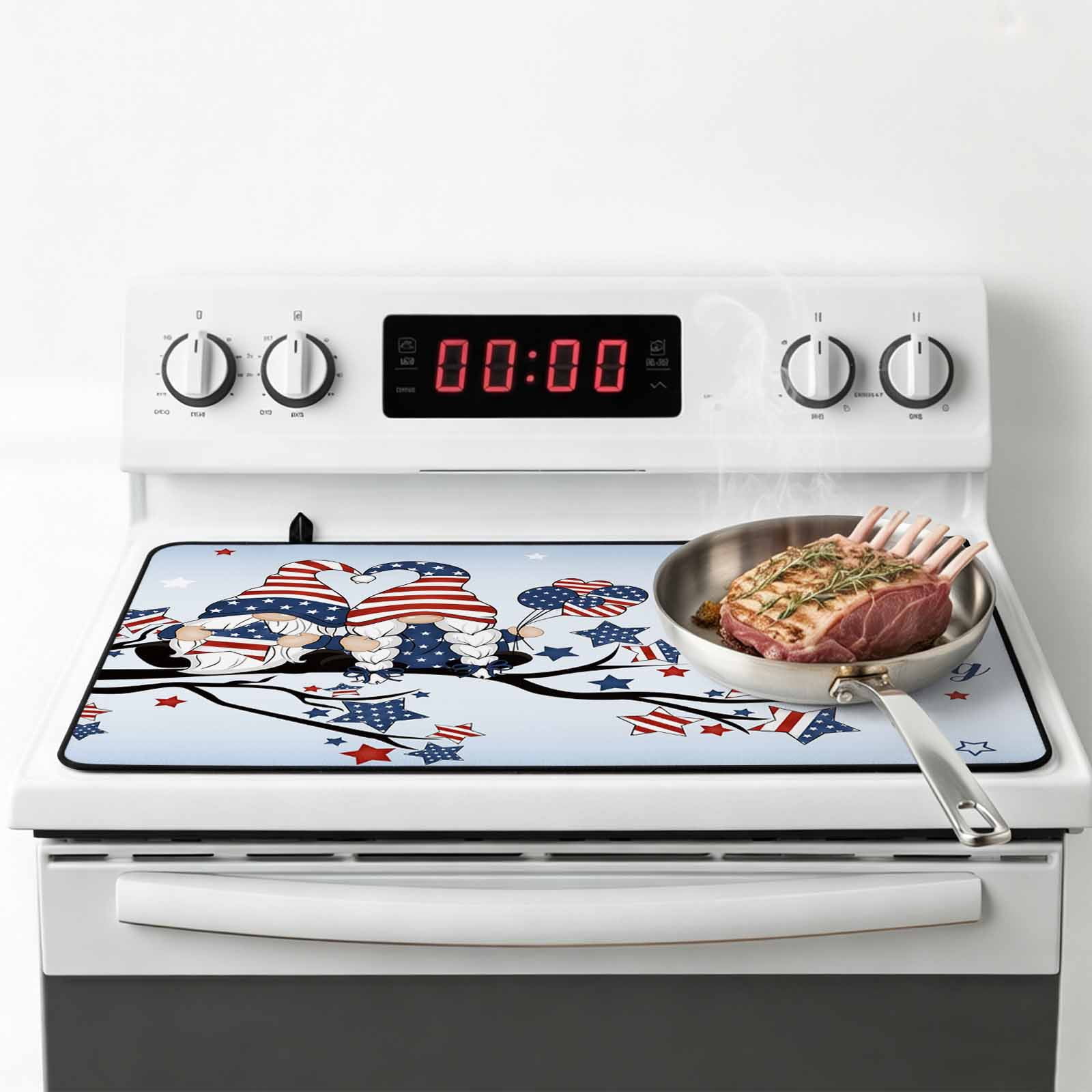 4th of July Stove Top Cover for Electric Stove, Heat-proof & Non Slip Glass Top Stove Cover Protector, Independence Day Blue Ombre Gnomes American Star Kitchen Flat Cooktop Rubber Mat 36x21 Inches