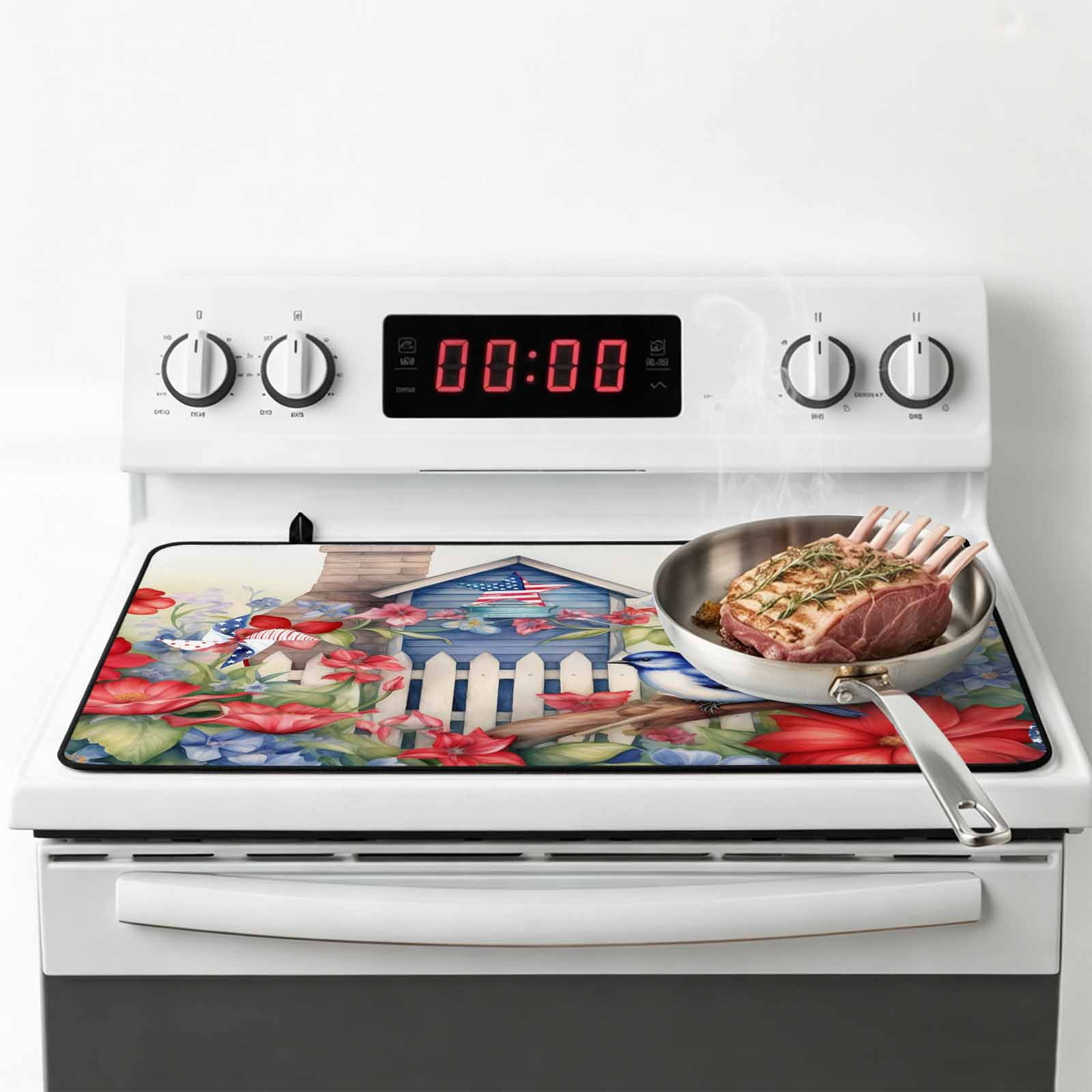 4th of July Stove Top Cover for Electric Stove, Heat-proof & Non Slip Glass Top Stove Cover Protector, Independence Day Floral Birds American Flag Kitchen Flat Cooktop Rubber Mat 24x21 Inches