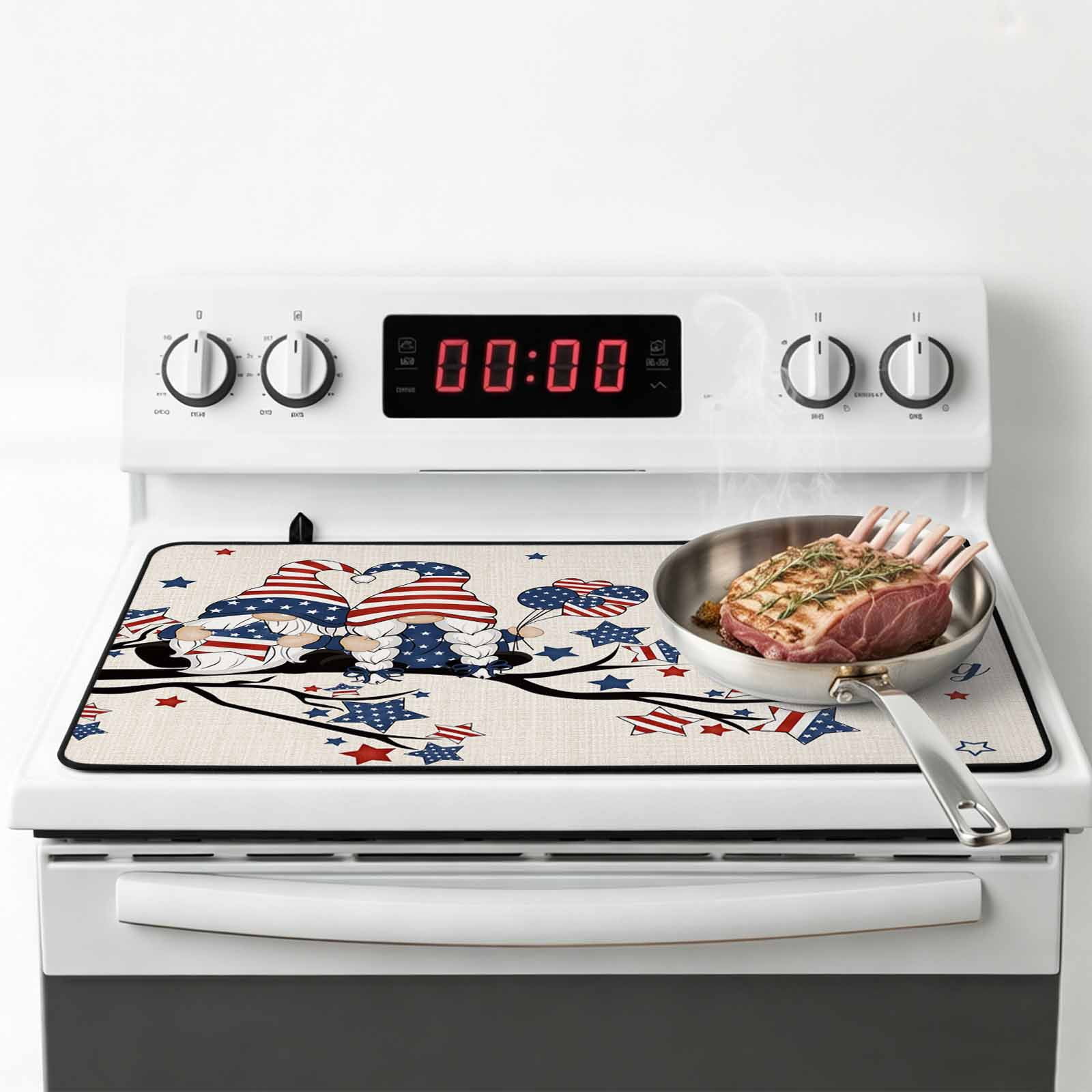 4th of July Stove Top Cover for Electric Stove, Heat-proof & Non Slip Glass Top Stove Cover Protector, Independence Day Gnomes Blue Red Star Tree Rustic Kitchen Flat Cooktop Rubber Mat 24x21 Inches