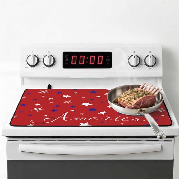 4th of July Stove Top Cover for Electric Stove, Heat-proof & Non Slip Glass Top Stove Cover Protector, Red Independence Day White Blue Star Kitchen Flat Cooktop Rubber Mat 28.5x20.5 Inches