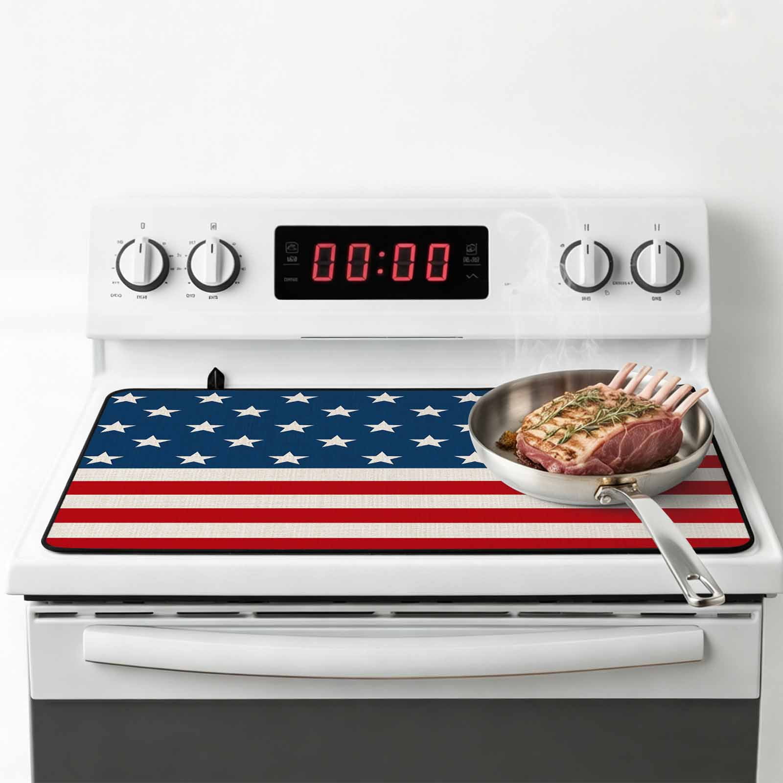4th of July Stove Top Cover for Electric Stove, Heat-proof & Non Slip Glass Top Stove Cover Protector, Red Stripes Independence Day Kitchen Flat Cooktop Rubber Mat 24x21 Inches