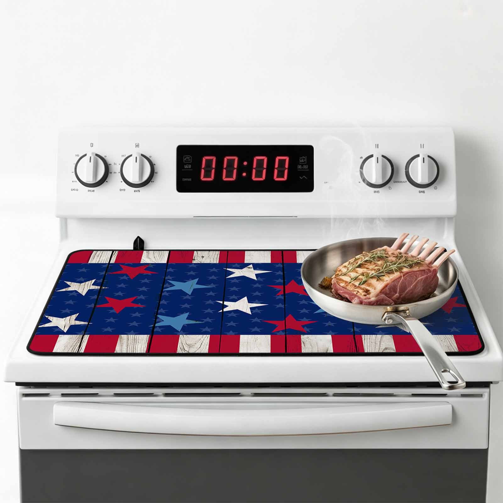 4th of July Stove Top Cover for Electric Stove, Heat-proof & Non Slip Glass Top Stove Cover Protector, Star Red Stripes Wood Independence Day Kitchen Flat Cooktop Rubber Mat 24x21 Inches