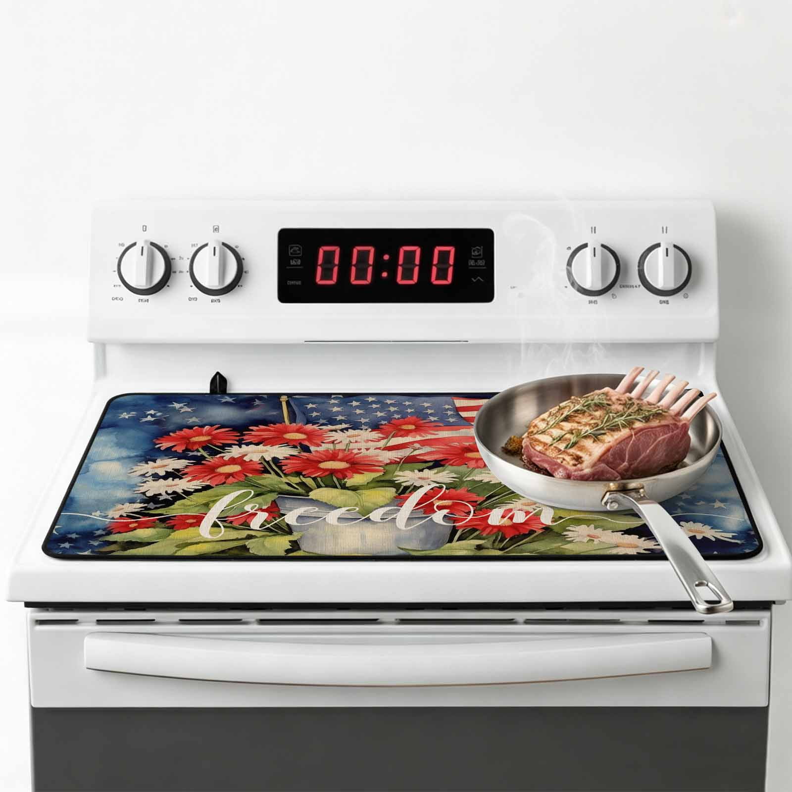 4th of July Stove Top Cover for Electric Stove, Heat-proof & Non Slip Glass Top Stove Cover Protector, Watercolor Floral Botanical American Flag Kitchen Flat Cooktop Rubber Mat 24x21 Inches